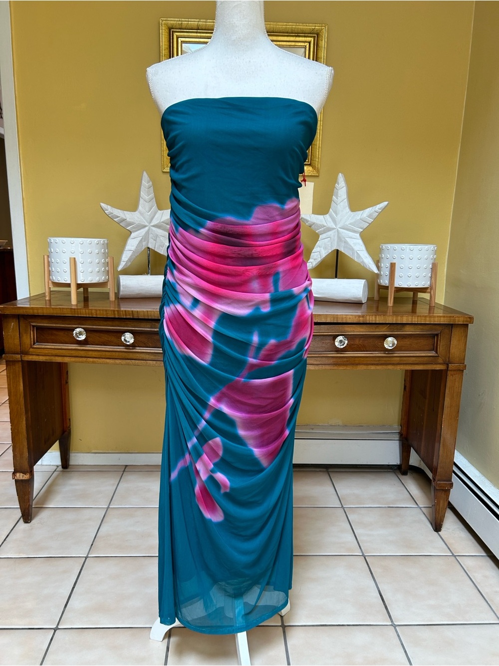 Nordstrom Women’s XL Strapless Mesh  Floral Teal Pink Draped Bodycon Maxi Dress